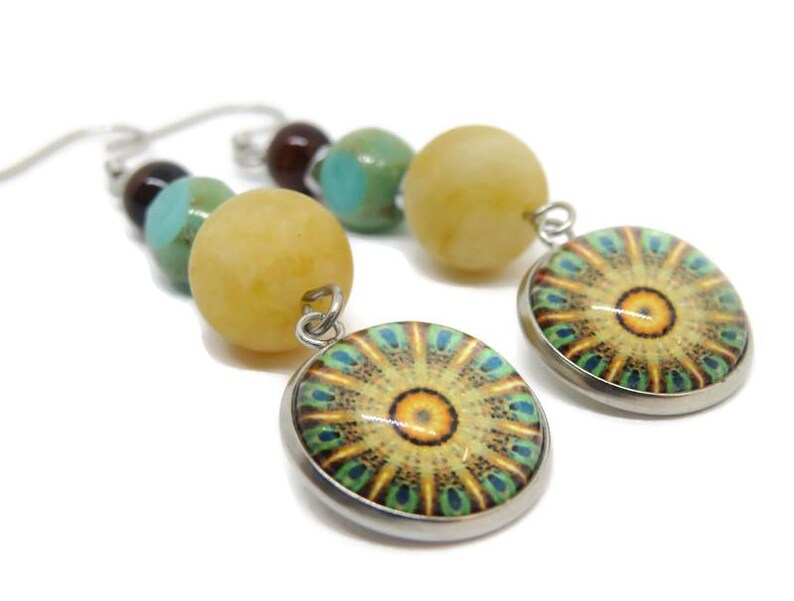 Yellow and Teal Mandala Earrings, Gemstone Czech Glass Earrings, Boho Chic Jewelry bild 4