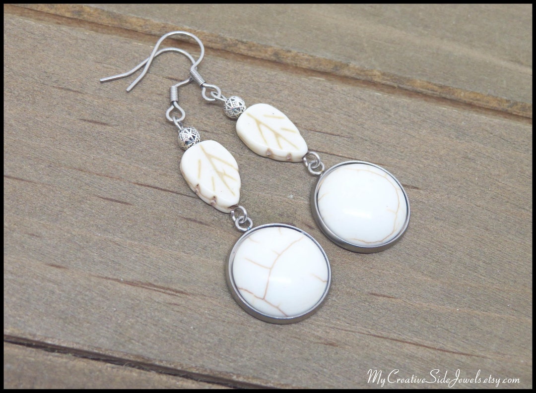 Howlite Leaf Earrings, Cream White Gemstone Earrings, Fall Fashion ...