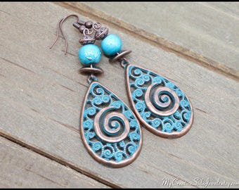 Turquoise Patina Copper Teardrop Earrings: Boho Chic Statement Jewelry