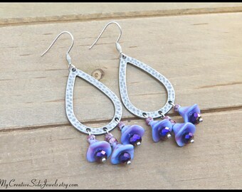 Purple Flower Hoop Earrings, Boho Chic Chandelier Earrings, Beaded Hoops