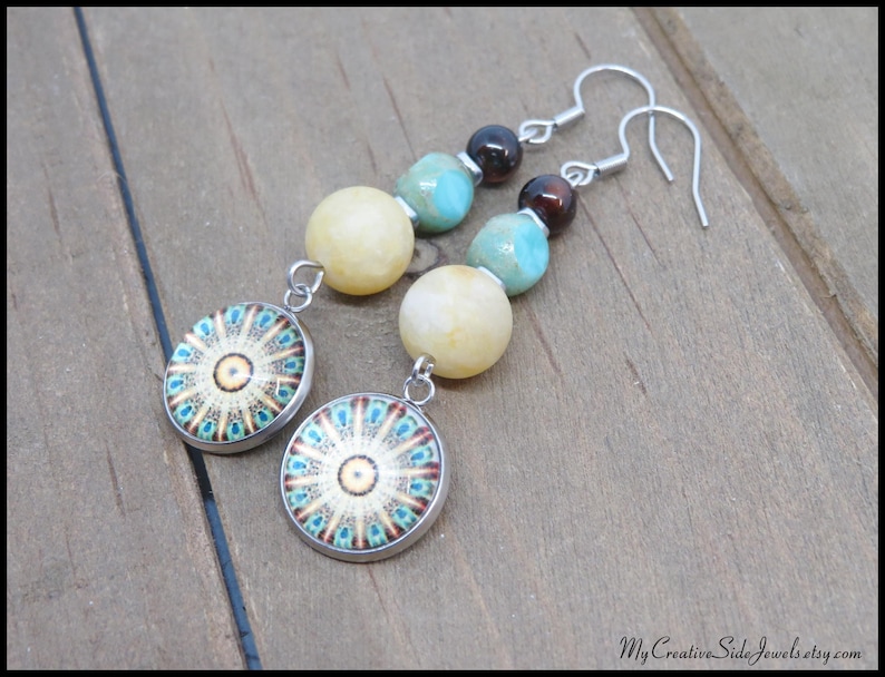 Yellow and teal mandala earrings.