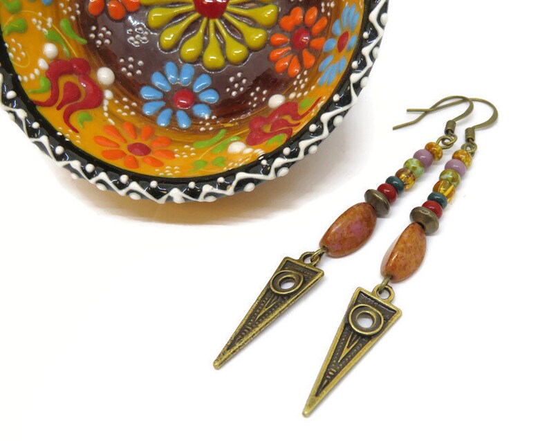 Colorful Boho Chic Earrings Unique Dangle Earrings Czech Glass Bead Earrings Geometric Dangle Earrings