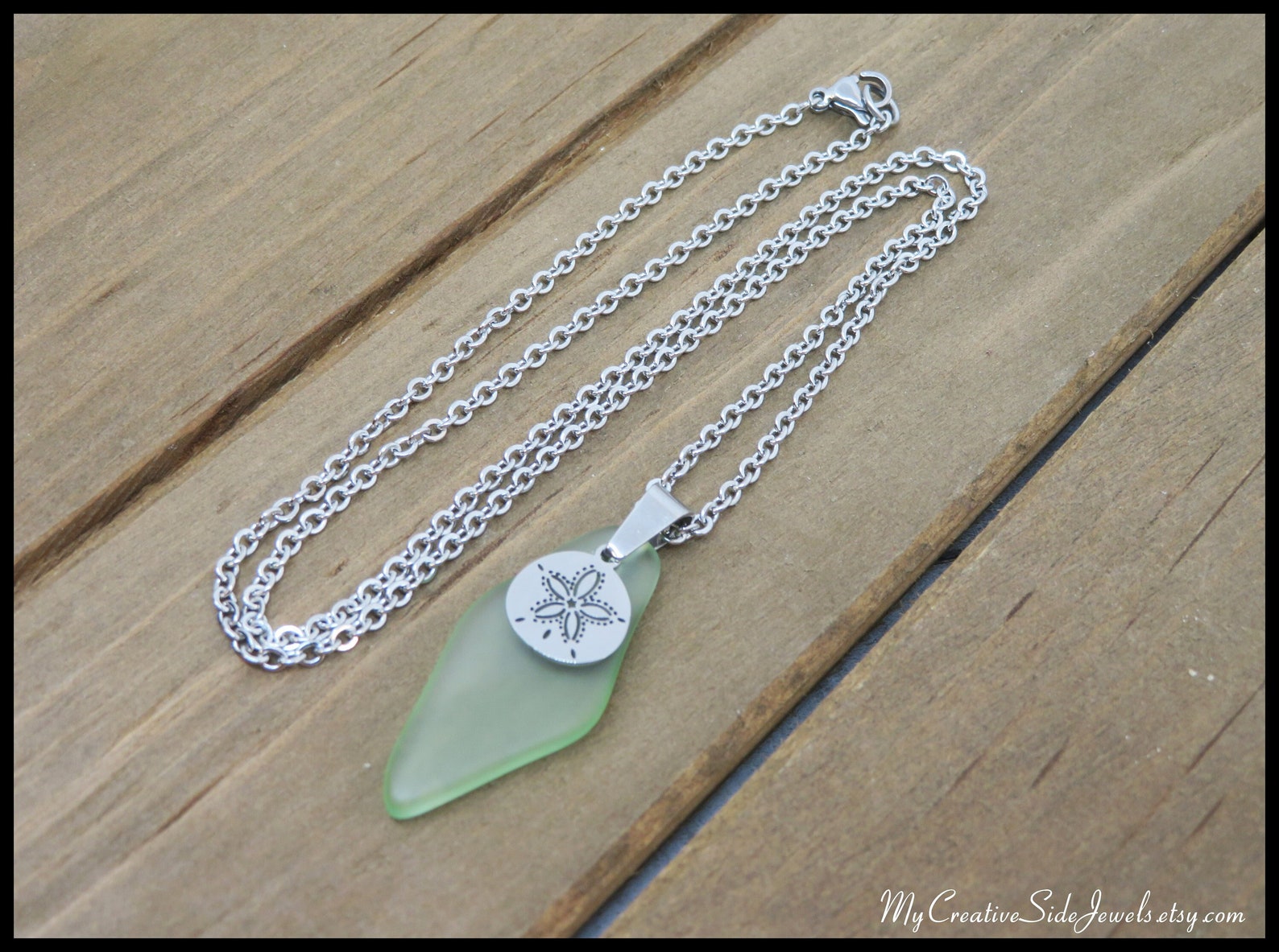 Green Sea Glass Pendant Necklace, Sand Dollar Necklace, Stainless Steel ...