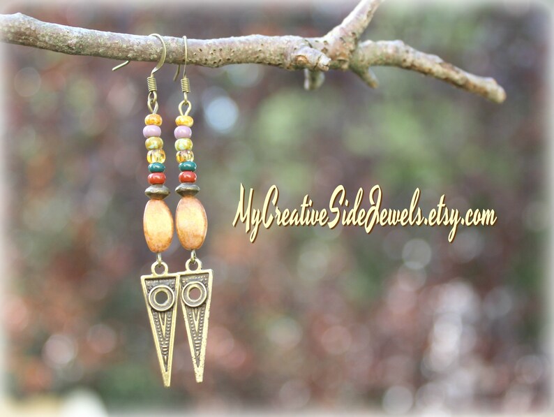 Colorful Boho Chic Earrings Unique Dangle Earrings Czech Glass Bead Earrings Geometric Dangle Earrings
