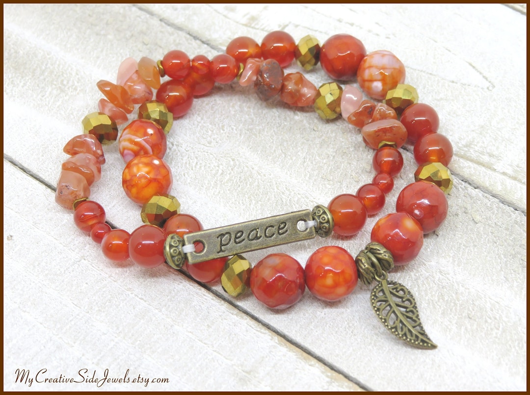 Stackable Orange Agate Gemstone Bracelet Set, Peace Bracelet, Word ...