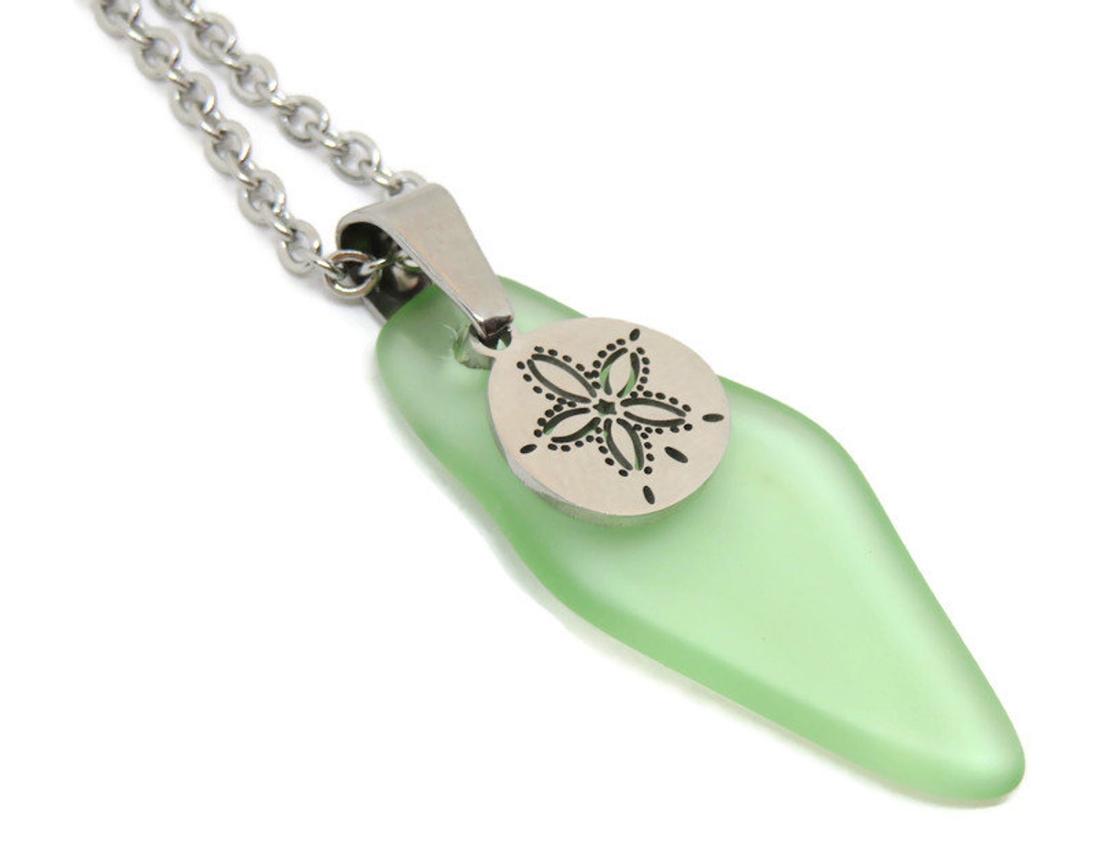 Green Sea Glass Pendant Necklace, Sand Dollar Necklace, Stainless Steel ...