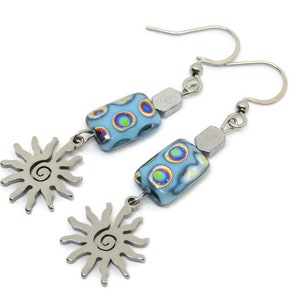 Sunburst Earrings, Blue Sun Earrings, Boho Chic Czech Glass Jewelry, Funky Unique Earrings, Spring Summer Fashion image 4