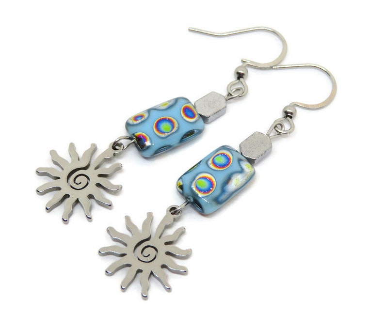 Sunburst Earrings, Blue Sun Earrings, Boho Chic Czech Glass Jewelry, Funky Unique Earrings, Spring Summer Fashion image 4