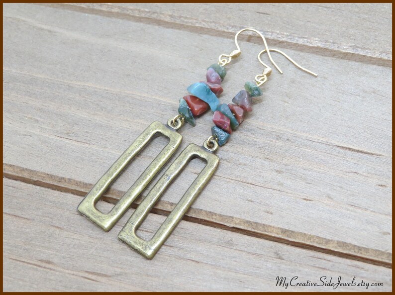 Indian agate gemstone chip earrings with brass hoop charms.