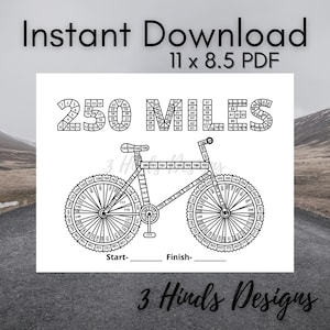 Puede incluir: Una página para colorear imprimible en blanco y negro de una bicicleta con las palabras "250 Millas" en la parte superior. La bicicleta tiene dos ruedas con números alrededor del exterior de cada rueda. Los números en las ruedas van hasta 250. Hay líneas en la parte inferior de la página para "Inicio" y "Fin".
