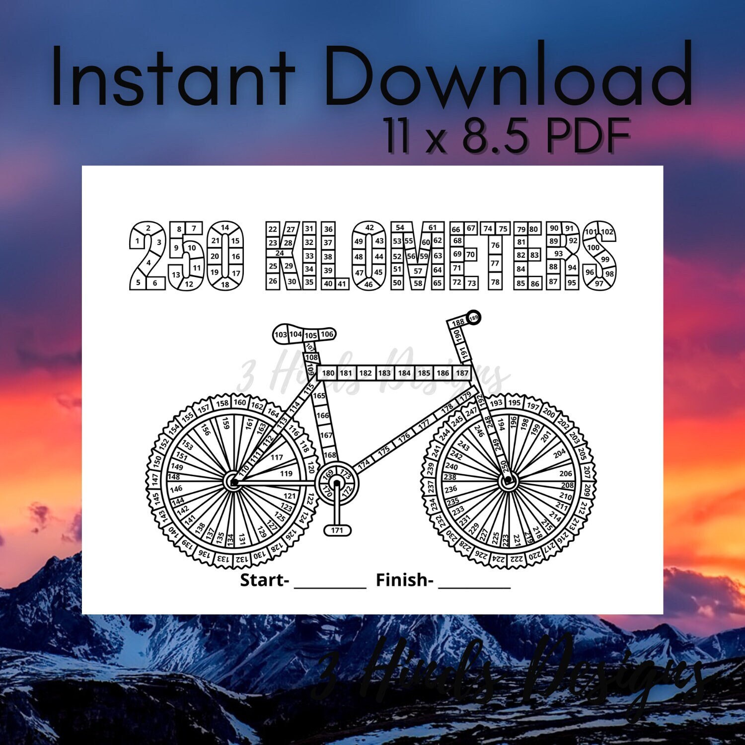 250km Cycling Challenge Printable Tracker Fitness Journey Log Motivation Kit