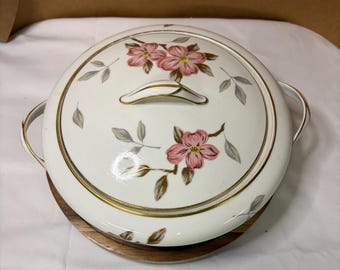 Noritake China Japan #5473 Plato redondo para verduras con tapa, diseño de cornejo rosa / Descatalogado entre 1953 y 1957 / Bol para servir con tapa y borde dorado