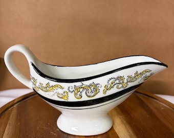 Salsera vintage Mayer China modelo Kirkwood / Vajilla para restaurante fabricada en EE. UU. / Diseño en negro y dorado con acanto / Estilo moderno de mediados de siglo