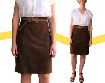 Vintage 1970s Banana Republic Suede Leather Chocolate Brown Midi Skirt Size Women's 12 (Measurements in Item Description)