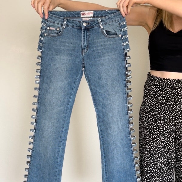 Vintage Rhinestone Cut Out Low Rise Platinum Plush Brand Bootcut Early 2000's Denim Jeans Women's Size 7 (Measurements in Item Details)