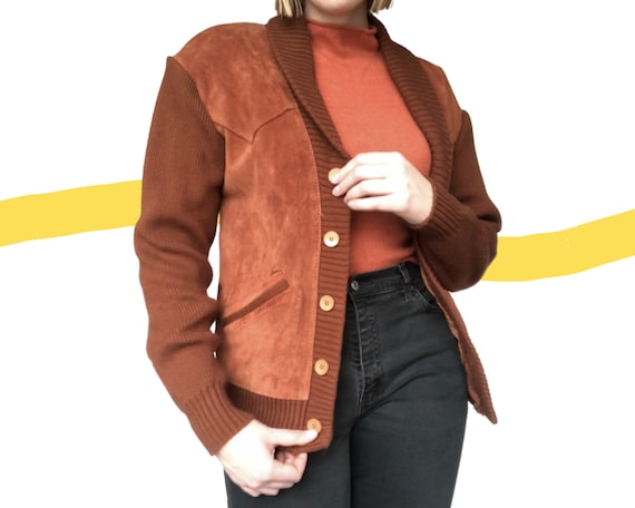 Vintage Real Suede Leather Knit Cardigan Brown Jac