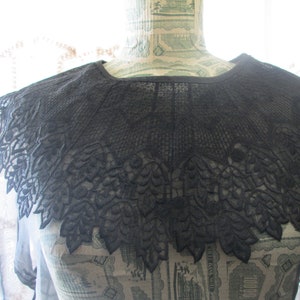 May include: A black lace collar with a scalloped edge and floral design.