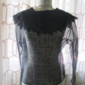 May include: A sheer black blouse with a large, black lace collar. The blouse has long sleeves and is made of a lightweight fabric.