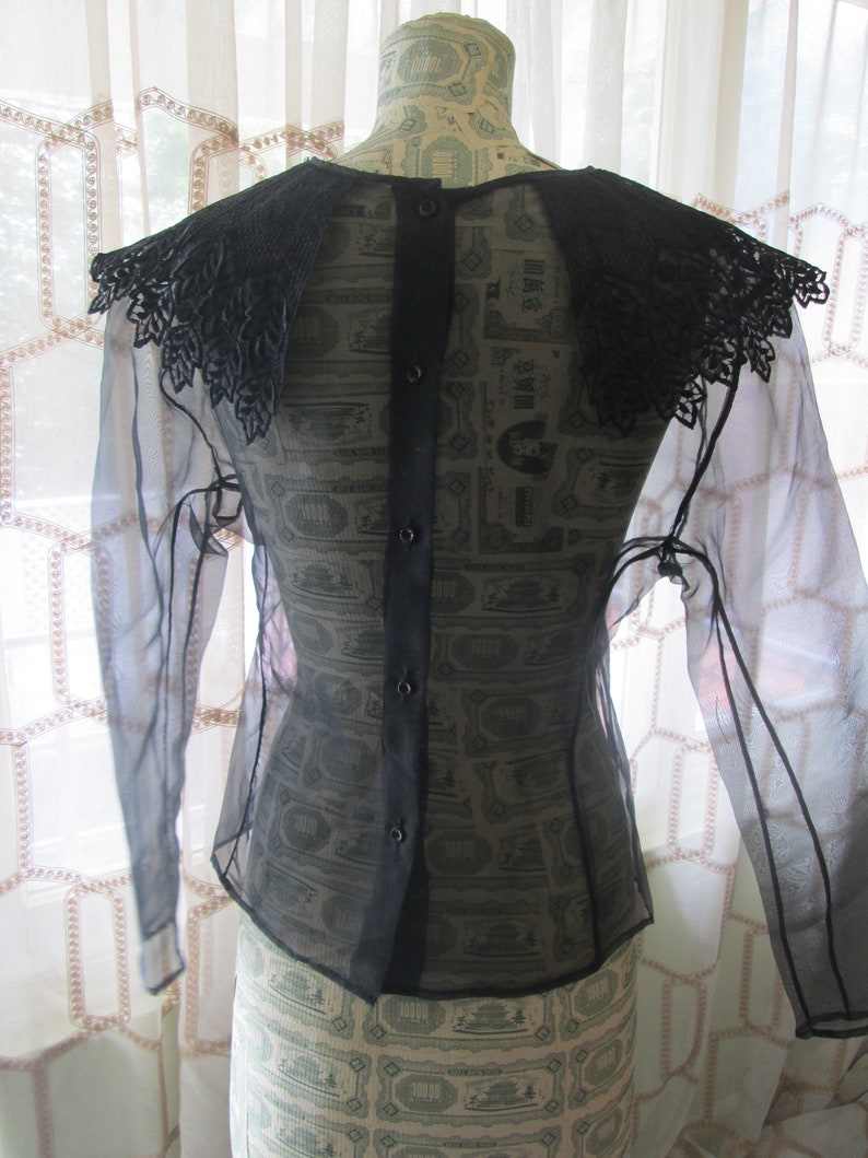 May include: A sheer black blouse with a lace collar. The blouse has a button-up front and long sleeves.