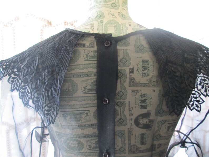 May include: A black sheer blouse with a large black lace collar. The blouse has a button-up back.