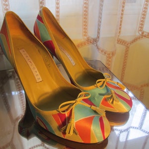 Zapatos Pura Lopez modernos vintage años 90, estilo Pucci, satén y piel, tacón alto, 39C