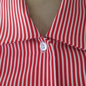 1960's 70's vintage red and white stripe blouse, button up front, feature collar with 3/4 blouson sleeves image 1