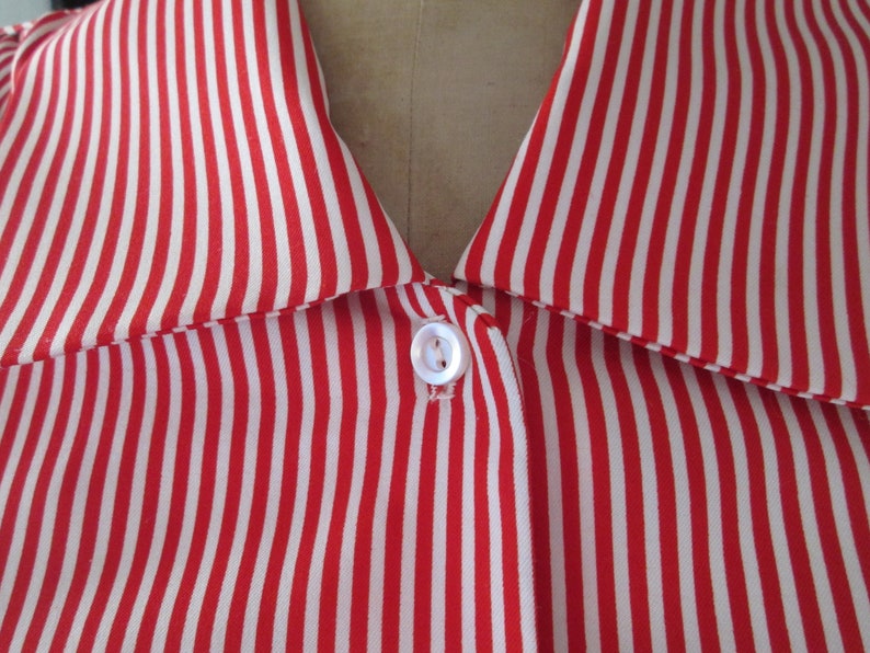 1960's 70's vintage red and white stripe blouse, button up front, feature collar with 3/4 blouson sleeves image 1