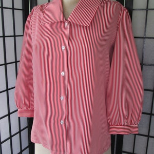 1960's 70's vintage red and white stripe blouse, button up front, feature collar with 3/4 blouson sleeves image 2