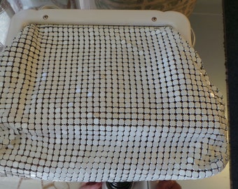 1960's pearl cream Glomesh handbag, lined in coffee coloured silk, very good vintage