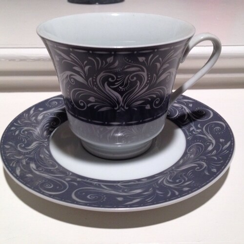 Chris Madden Black Grey Scroll Montalira Tea Cups and Saucers