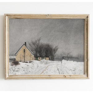 Muted Winter Landscape Painting. Vintage Christmas Art. Vintage Farmhouse Decor. Snowy Winter Landscape Painting. PRINTABLE Digital Art #169