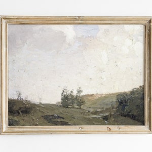 Vintage land landschap schilderij. Vintage kunst aan de muur. Modern boerderijdecor. Groen landschap schilderen. Lente afdrukbare kunst. Digitale kunst.