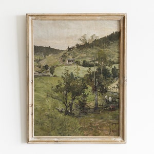 Country Landscape Painting. Neutral Green Landscape Gallery Wall Art. Vintage Art Print Farmhouse Decor PRINTABLE. Digital Download #187.