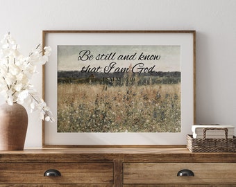 Sei still und weiß Druck. Wildblumen Landschaftsmalerei. Christliche Wandkunst. Christliches Geschenk. Schrift Kunstdruck.  Psalm 46:10 Drucken. #431