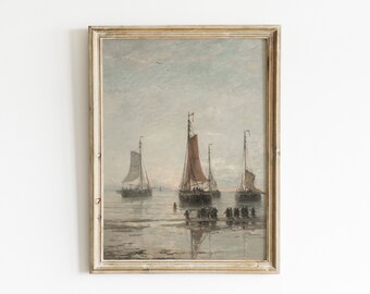Vintage Sailboat Painting Coastal Wall Decor Nautical Wall Print Beach Painting Seaside Maritime Decor Modern Farmhouse Digital Art #124