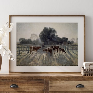 Rustic Farm Printable Wall Art. Cows in Pasture with Farmer. Vintage Country Landscape Digital Download. Farmhouse Decor. Cottagecore Decor.