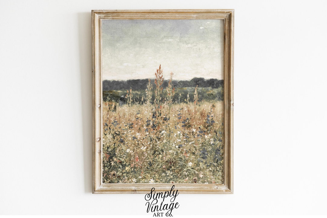 Wildflower Field Vintage Art Print. Countryside Meadow Landscape Wall ...