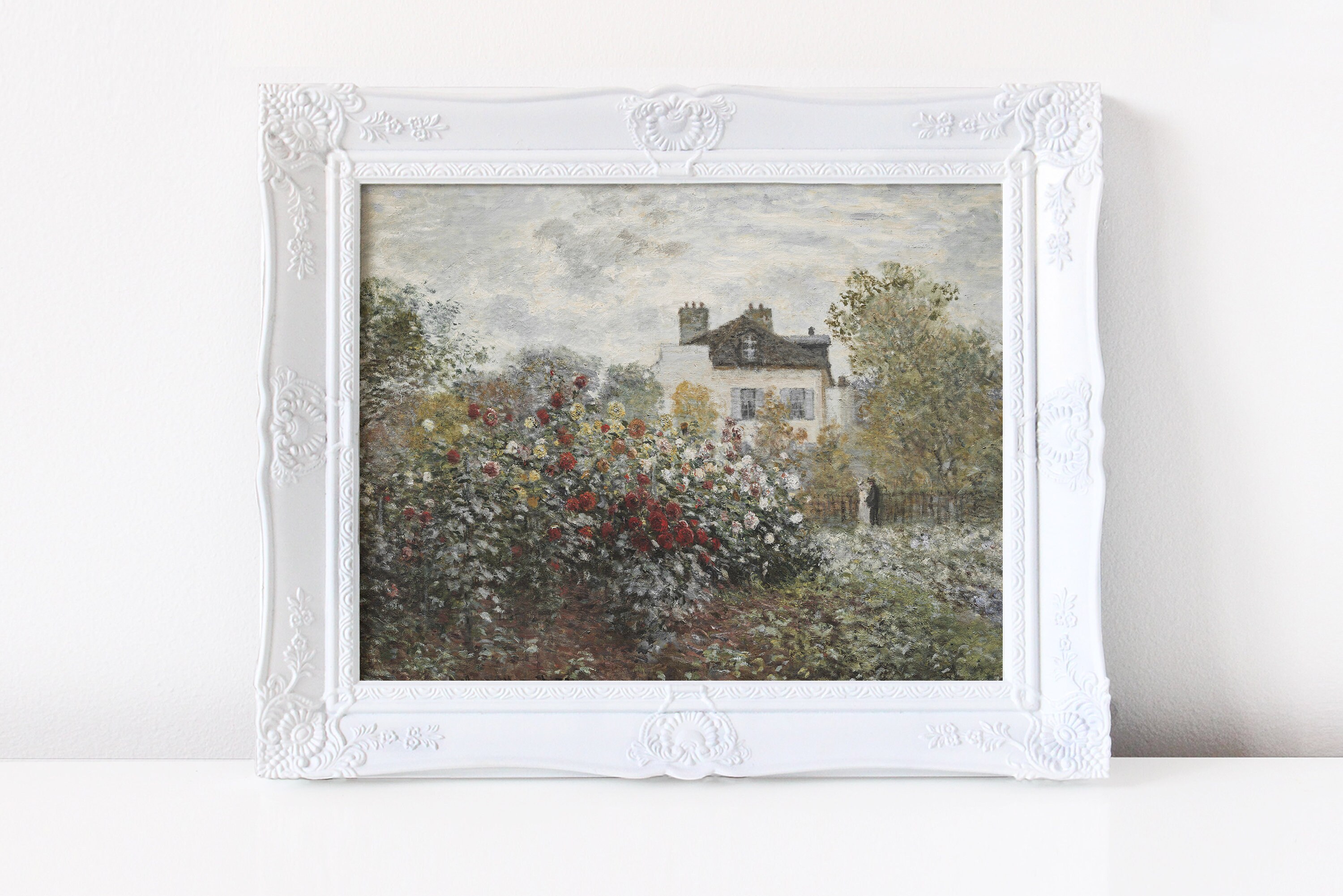 Cottage Oil Painting Rose Garden Wall Art Vintage Muted Print Modern ...