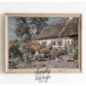 Vintage Farmhouse Garden Wall Art Printable, Country Cottage with Chickens & Flowers, Rustic Digital Download, Cottagecore Home Decor