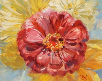 Red Zinnia, Original Oil painting, 6x6 inches