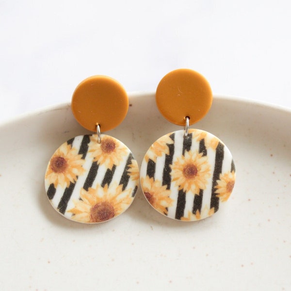 Sunflower Vibrant Hand painted Polymer Clay Statement Earrings, Mustard Earrings