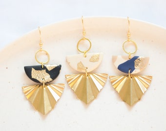Gold Plated Half Moon Earrings: Navy & Beige Polymer Clay