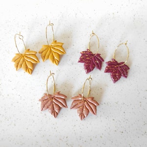Terrakotta Senf Burgunder Herbst Polymer Clay Statement Ohrringe, Herbst Blumen Ton Ohrringe, Ahornblätter Ohrringe
