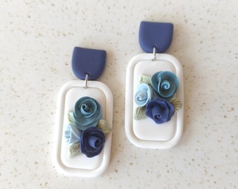 Navy Blue Rose Handmade Polymer Clay Statement Earrings. Lightweight Clay Earrings, Boho chic jewelry Handmade jewelry gift