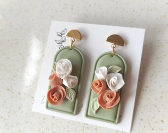 Sage Green Rose Handmade Polymer Clay Statement Earrings. 18k Gold Plated Lightweight Clay Earrings, Boho chic jewelry Handmade jewelry gift