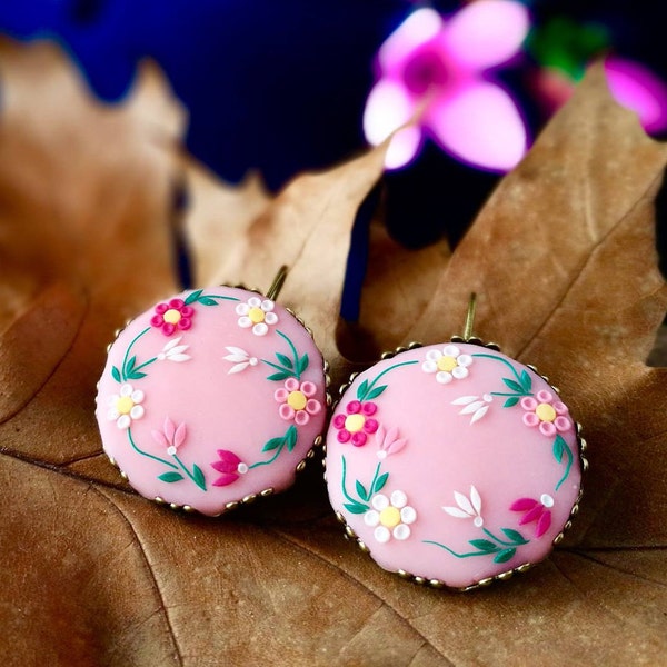 Hand embroidered earrings, Pink flower, colorful, romantic earrings, hot pink, polymer clay, valentines gift for her, victorian, chandelier