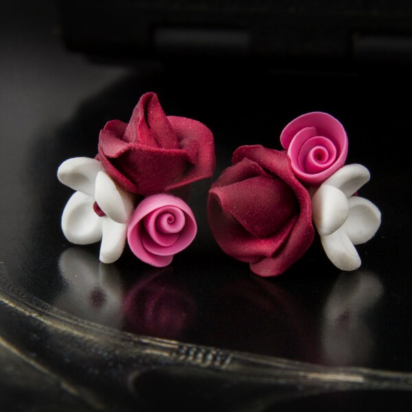 Red rose studs, White flower stud earrings, ranunculus, minimalist earrings, pink studs, polymer clay, tiny earrings, romantic gift for her