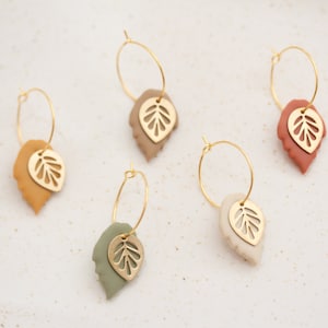 Fall Hoops, Autumn Leaf Polymer Clay Earrings, 14 k Gold  and Brass Hoop Clay Statement Earrings