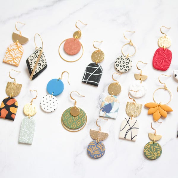 Lightweight Polymer Clay Earrings, Boho Dangle Modern Statement Earrings