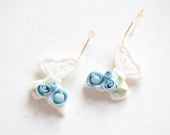 Blue Butterfly Earrings, Spring Easter Polymer Clay Statement Earrings